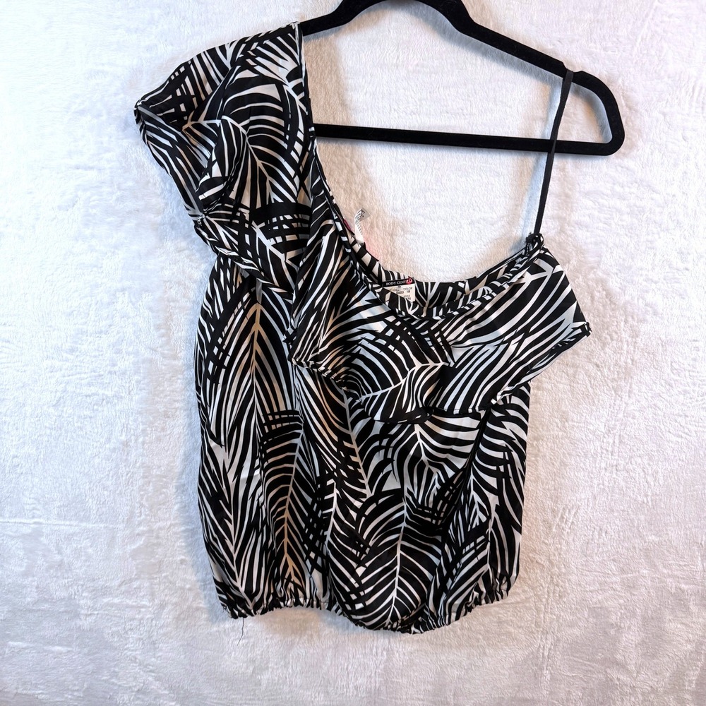 Body Central Y2K‎ Top One Shoulder Ruffle Palm Leaf Large Black White Women